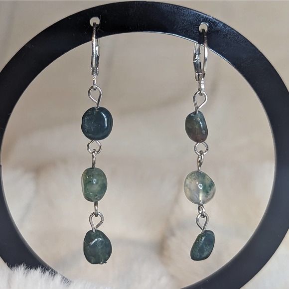 Moss Agate Beaded Lever Back Earrings - Picture 2 of 4